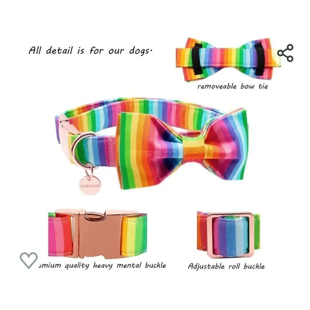 Collar Bowtie Set Bright Rainbow Colors Dog Rose Gold Metal D Ring XL  NEW